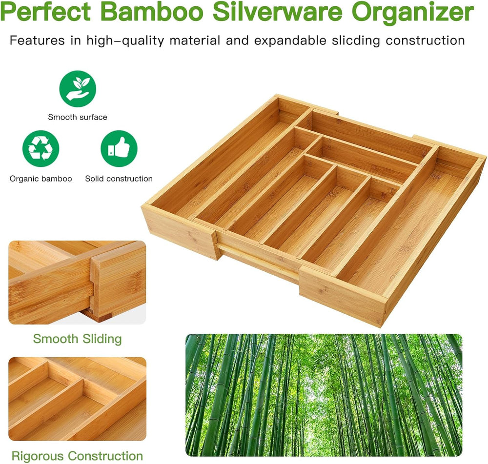 Pipishell Expandable Bamboo Silverware Organizer, Large Kitchen Drawer Tray