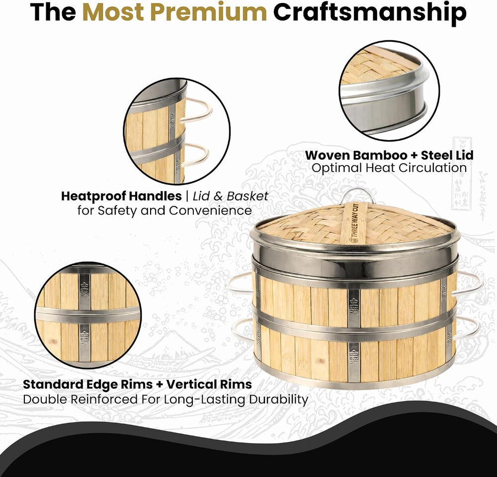 Bamboo Steamer 10" - Heavy-Duty Dumpling Steamer Basket, 2 Tier Bamboo S...