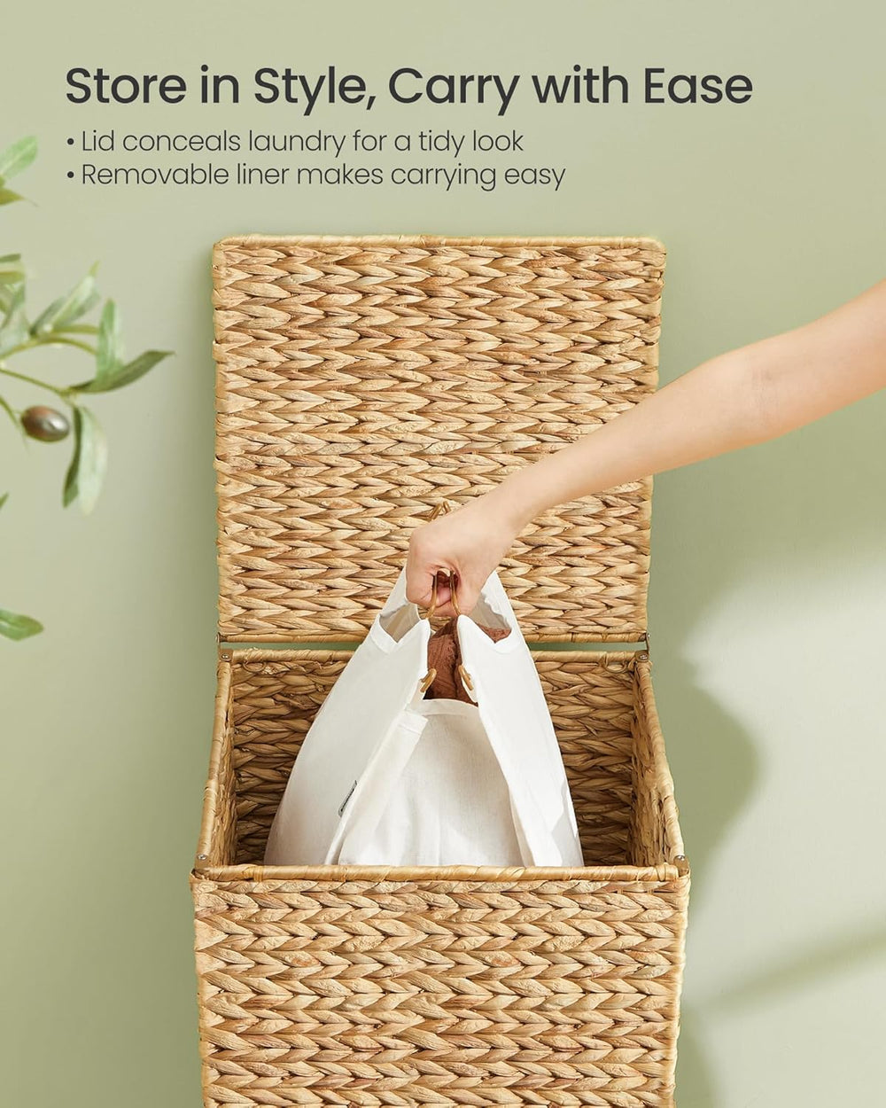 SONGMICS Laundry Hamper With Lid, 95 L Wicker Handwoven Water Hyacinth