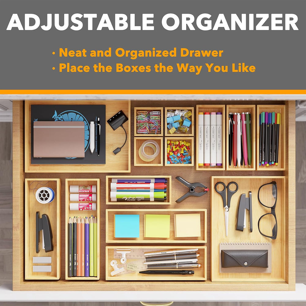 SpaceAid 14-Piece Bamboo Drawer Organizer Storage Boxes Set, Wood Tray Junk D...