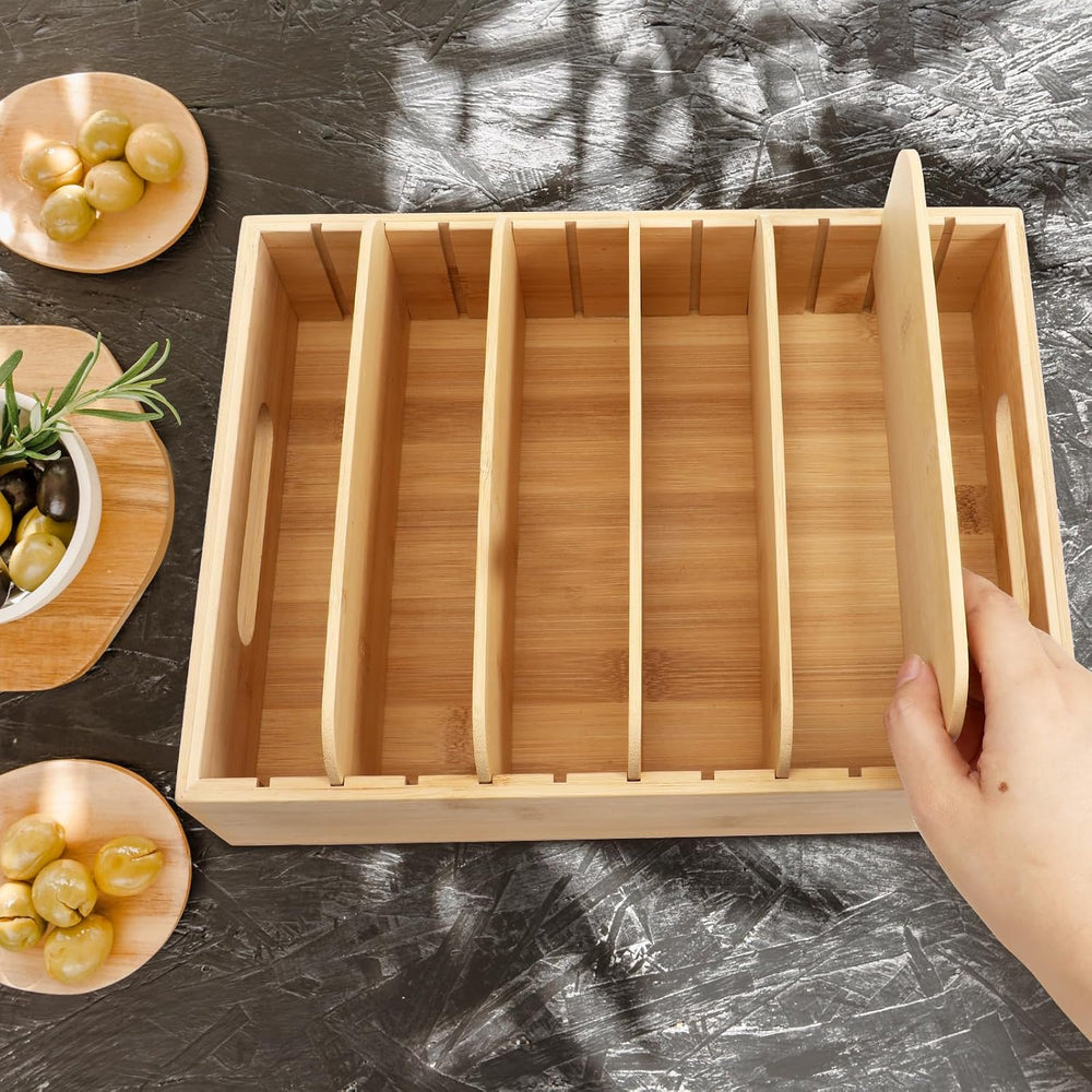 2 Pack Bamboo Lid Holder with 5 Adjustable Dividers Food Container Kitchen Ca...