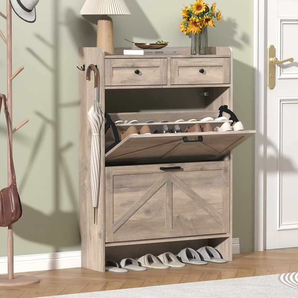 Thacuok Shoe Cabinet with 2 Flip Drawers & 2 Storage Drawers, Rustic Farm...