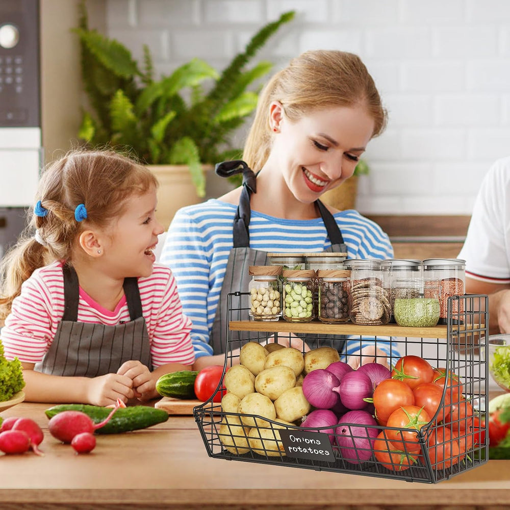 3 Pack Extra Large Fruit Basket for Kitchen with Wood Lid Nameplate - Counter...