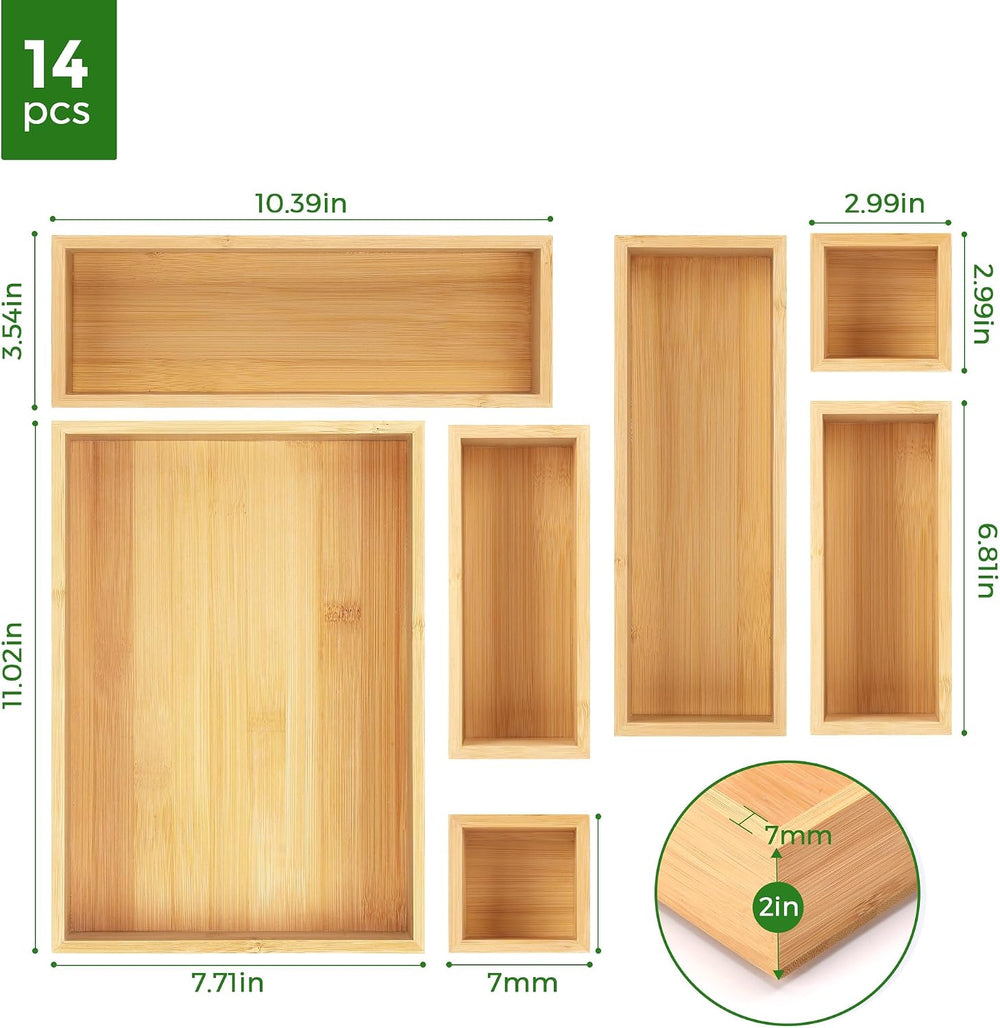 Bamboo Drawer Organizer Set, 14 PCS Wood Storage Organizers
