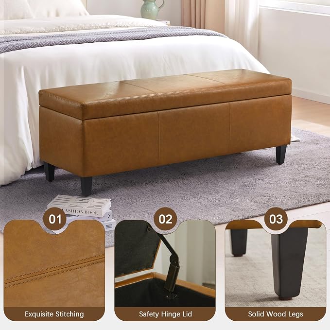HUIMO Faux Leather Storage Ottoman Bench 50.3 Inch Extra Long PU Upholstered
