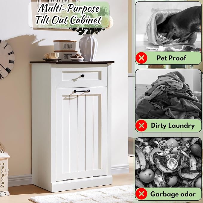 Tilt Out Laundry Hamper Cabinet, 10 Gallon Farmhouse Trash Can Cabinet