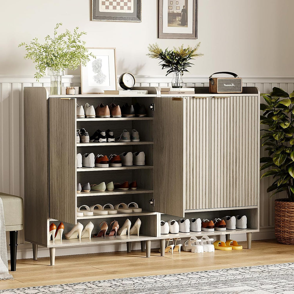 VINGLI Shoe Cabinet with Fluted Doors, 6 Tier Large Wooden Entryway Shoe Stor...