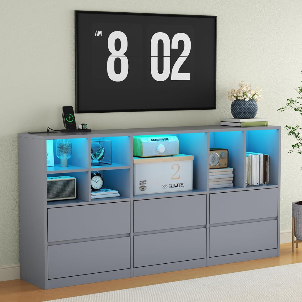 Grey 6 Drawers Dresser with 7 Storage Cubbies, LED Lights, Power Outlets