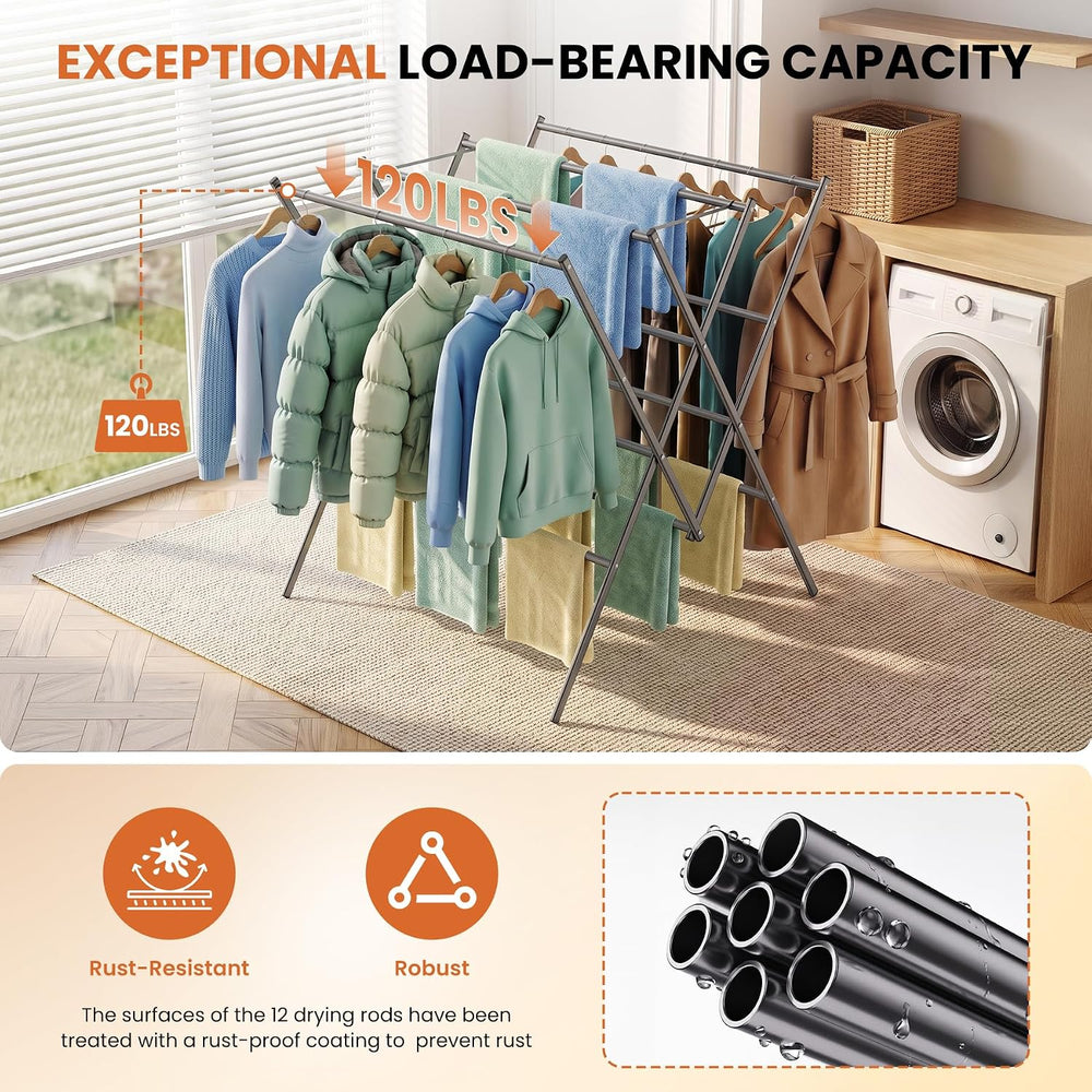 Bigzzia Drying Rack Clothing, Foldable Portable Large 12 Drying Poles
