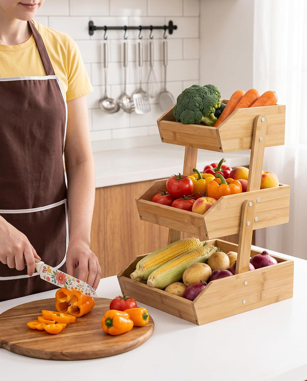 DEKAVA 3 Tier Bamboo Fruit and Vegetable Basket for Kitchen Counter