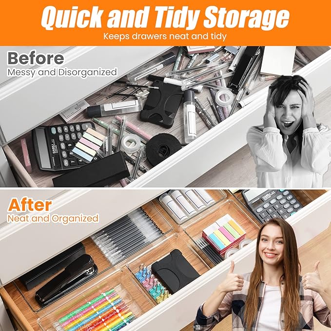 12 Pack Clear Plastic Drawer Organizer Set, Acrylic Non Slip Non Cracking
