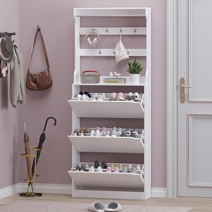 Shoe Cabinet with 3 Flip Drawers & Coat Rack, Narrow Hidden Shoe Storage ...