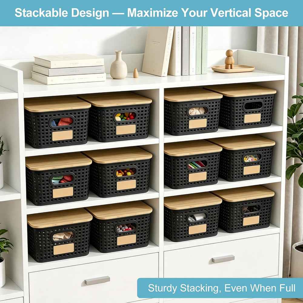 Small Plastic Storage Bins with Bamboo Lids 5.2qt Stackable Box Basket Pantry...