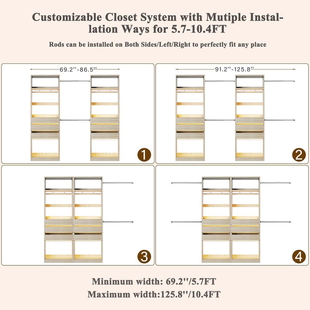 Closet System, 4-8 FT Closet Organizer with 3 Wood Drawers & Glass Top, Oak