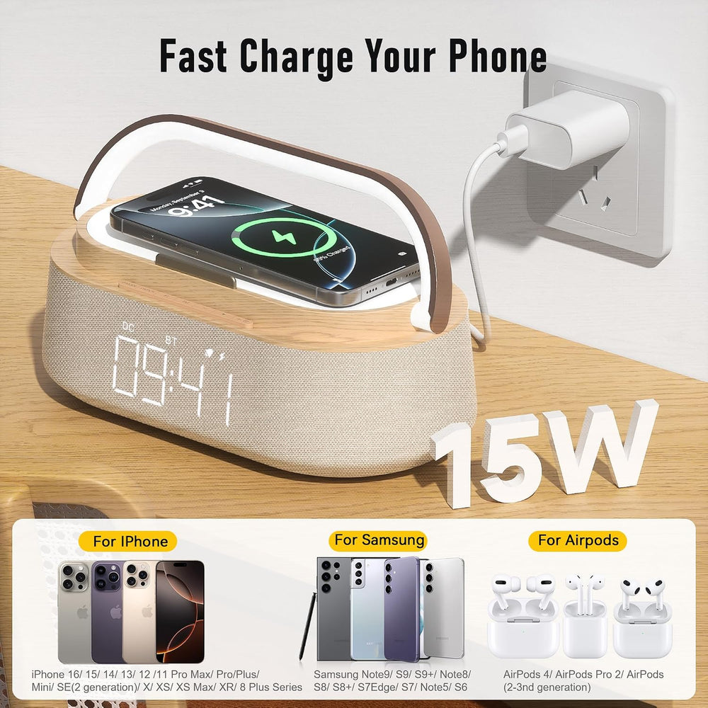Alarm Clock Bedroom with Wireless Charger Bluetooth Speaker FM Radio Light