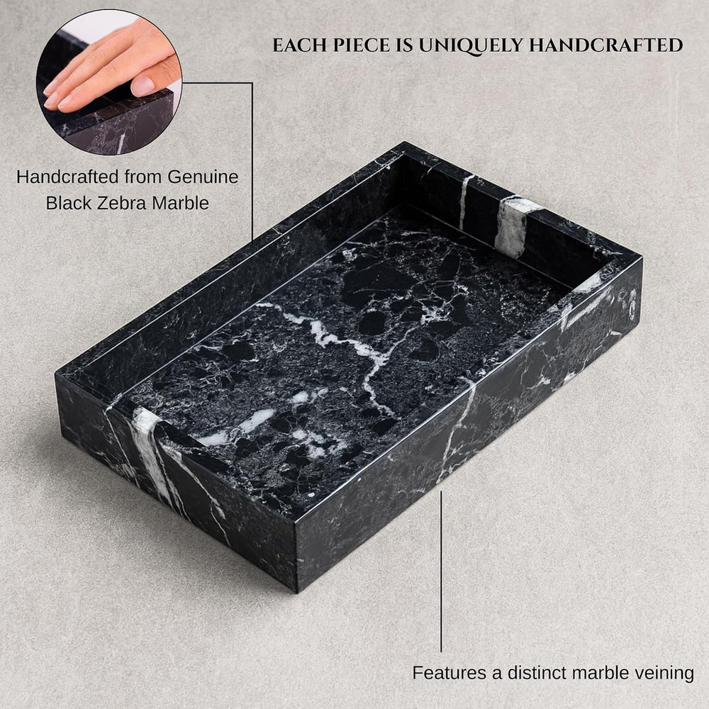 Bey-Berk Ezra Black Zebra Marble Guest Towel Tray – Rectangular Bathroom Vani...