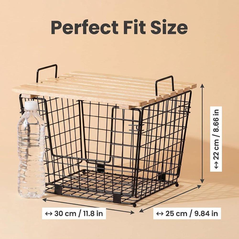 2 Wire Storage Basket with Bamboo Shelf for Fruits Vegetables and Spices