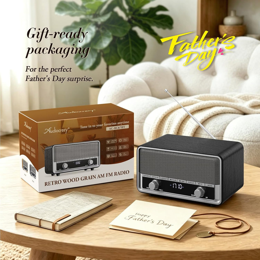 Retro Wood AM FM Bluetooth Radio with Time/Station Display