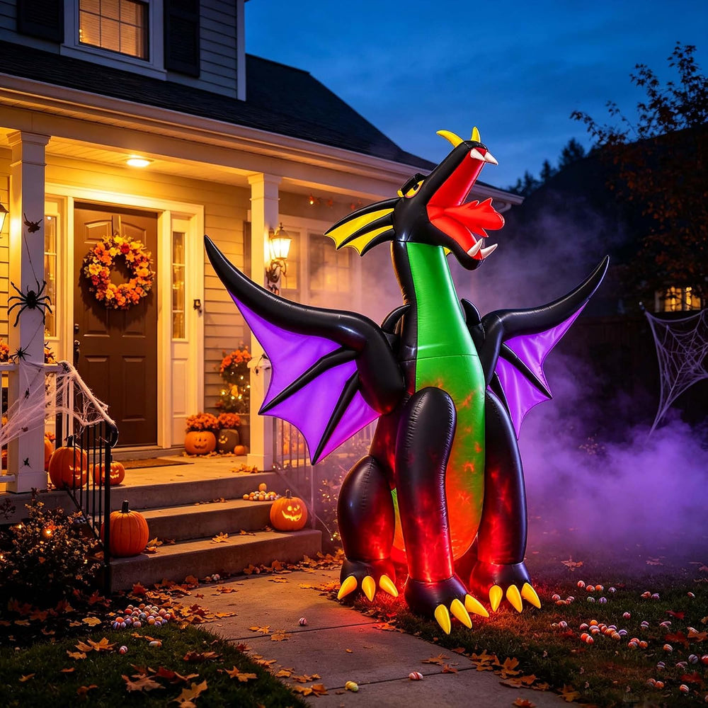 SEASONBLOW 9Ft Long Halloween Inflatable Giant Fire & Ice Dragon Decoration