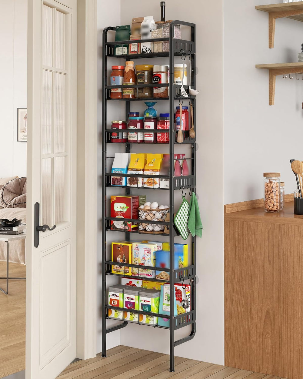 7 Tier Metal Tall Narrow Storage Shelf with Hooks