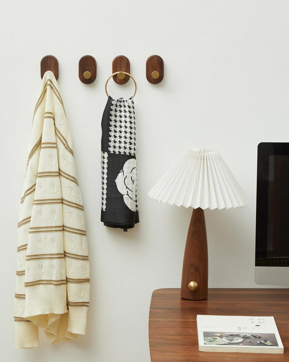 Wood Coat Hooks Wall Mount - Modern Walnut Coat Hook with Bronze Accent for H...