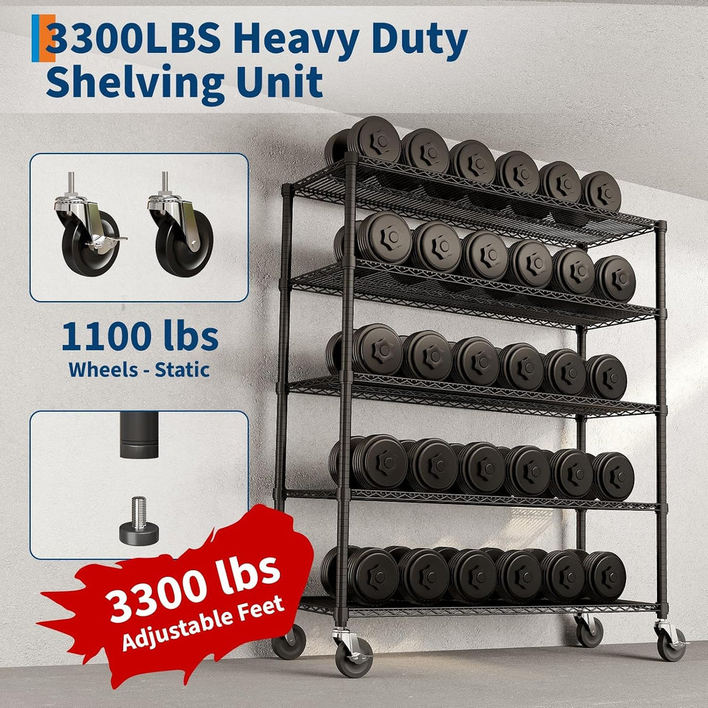 5 Tier Heavy Duty Metal Storage Shelves with Wheels Rolling Wire Rack