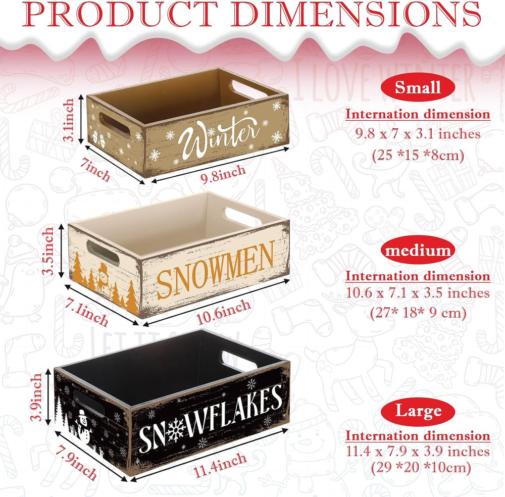 3 Pcs Christmas Wooden Crate Beige Snowman Snowflakes Holiday Box