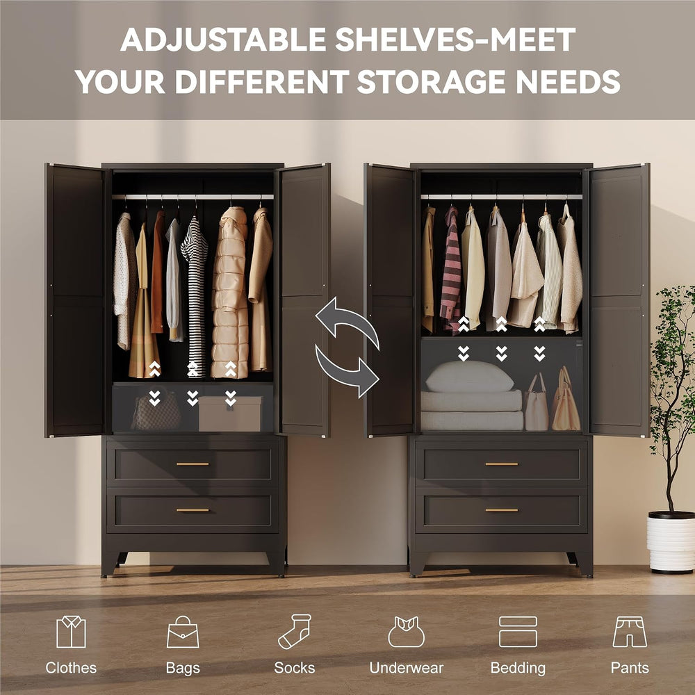 Metal Wardrobe Cabinet with Hanging Rod,71" Armoire Wardrobe Closet with...