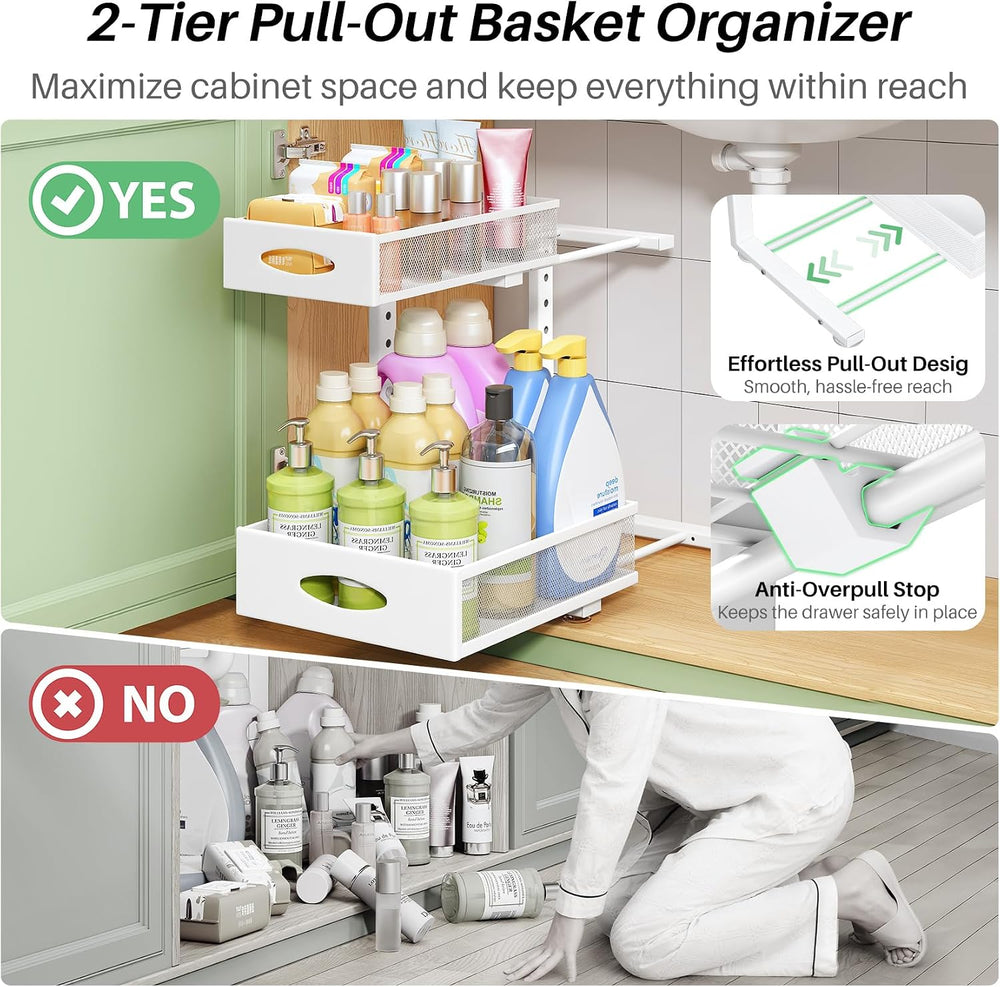 Under Sink Organizer, 2-Pack Pull Out Cabinet Organizer 2 Tier Metal Slide Ou...