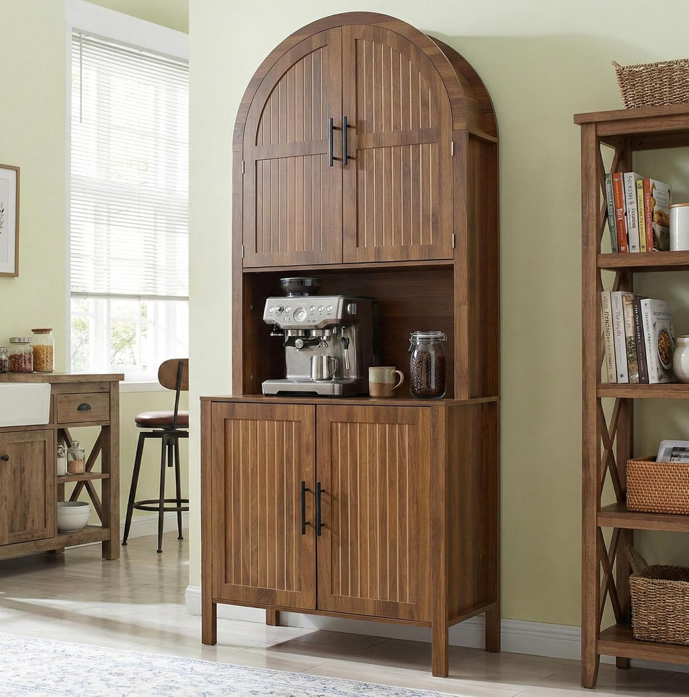 Arched Kitchen Pantry, Large Kitchen Storage Cabinet with Fluted Doors