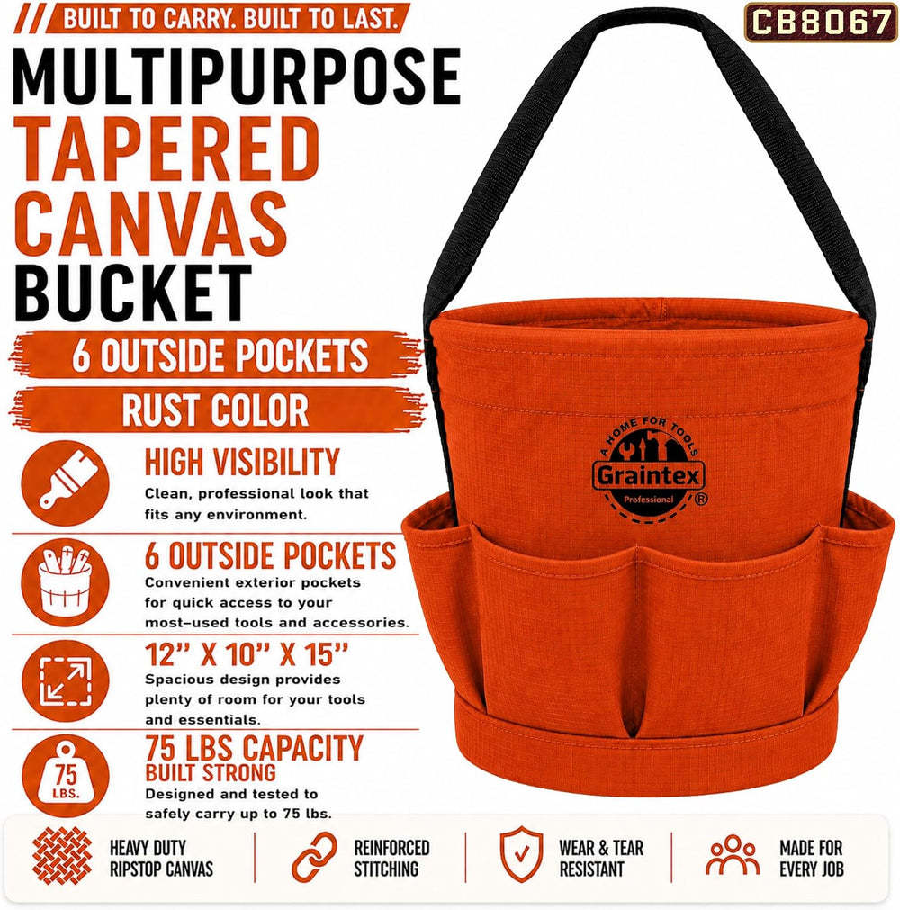 Graintex Tapered Canvas Bucket 12"x10"x15", Utility Tool Bucke...