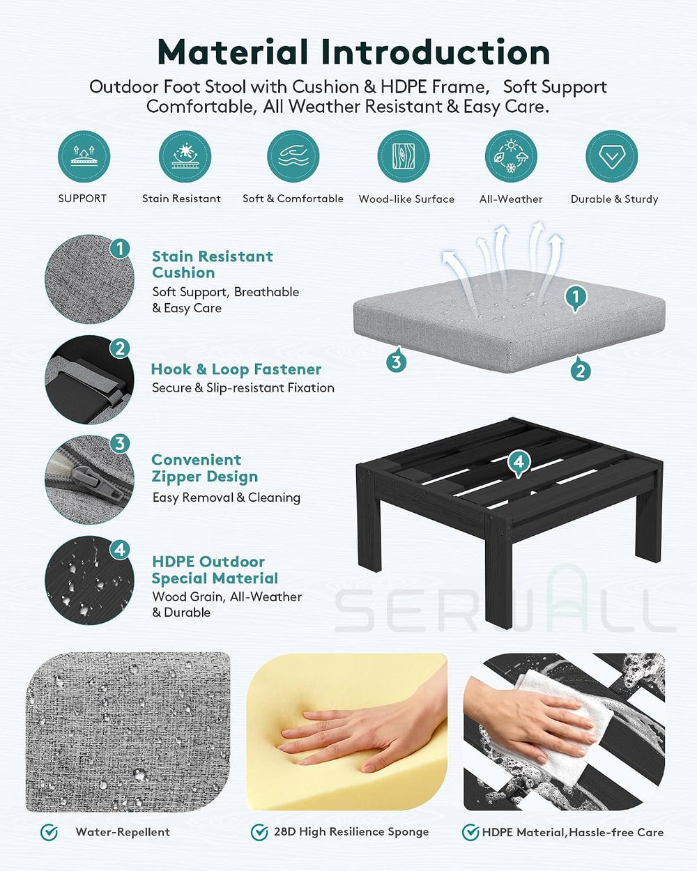 SERWALL HDPE Outdoor Ottoman with Cushions for Outdoo Sofa