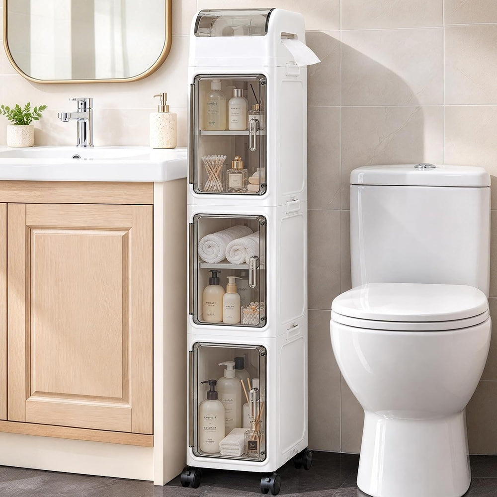 Slim Bathroom Storage Cabinet with Wheels, 4-Tier Narrow Organizer
