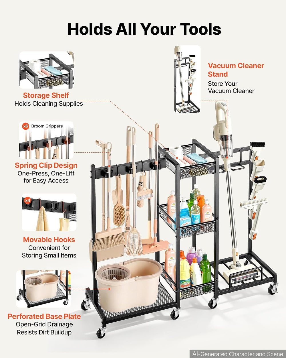 VEVOR Broom Holder with Cleaning Supplies Organizer, Metal Garage Storage
