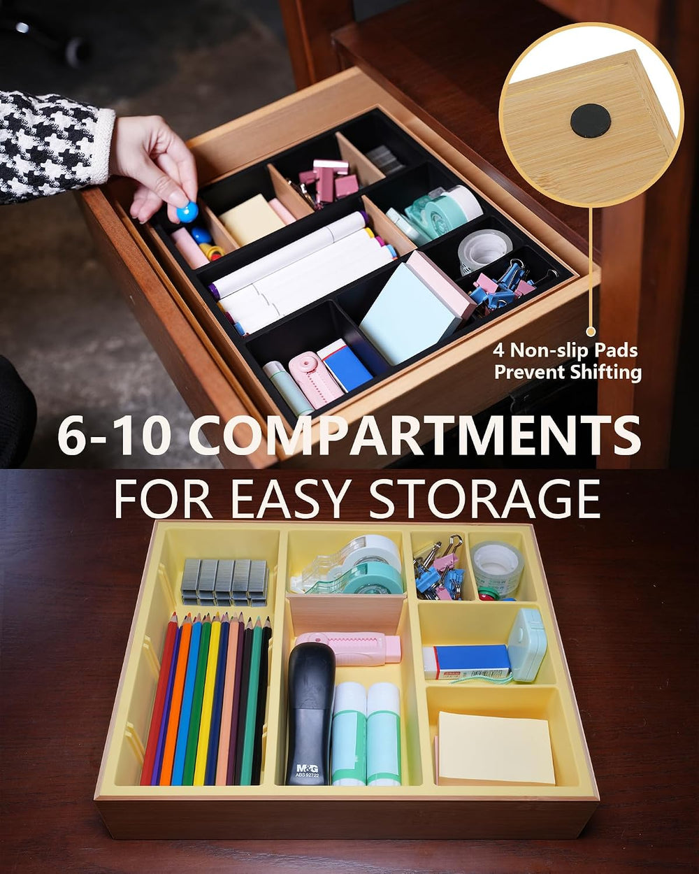 Bamboo Desk Drawer Organizer Tray, Silicone Sturdy Junk Drawer Organizer with...