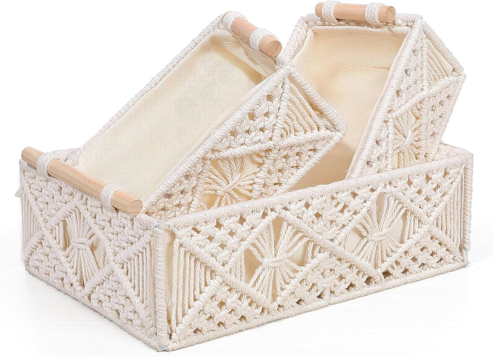 ANMINY 3PCS Decorative Macrame Baskets, with Removable Liner & Wood Handles