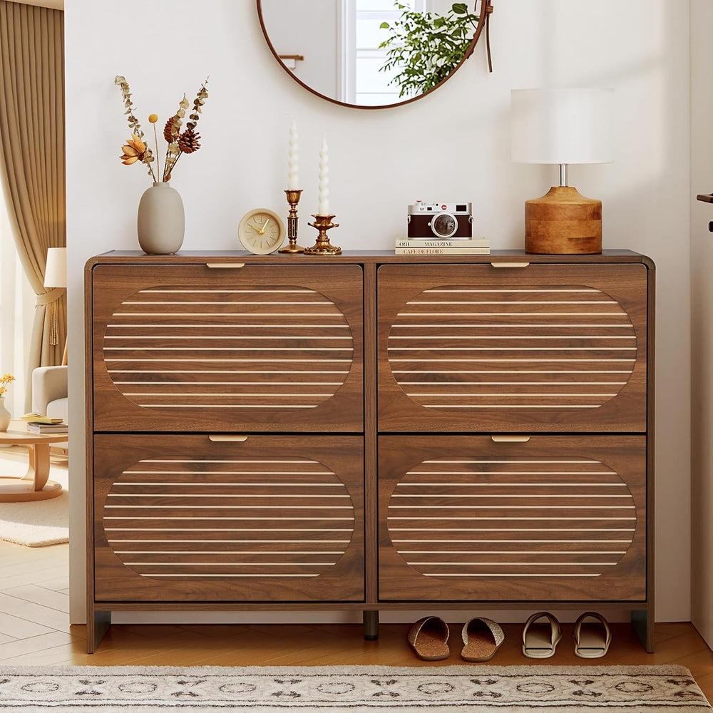 Narrow Shoe Storage Cabinet for Entryway with 4 Flip Drawers, Curved Edge Sho...
