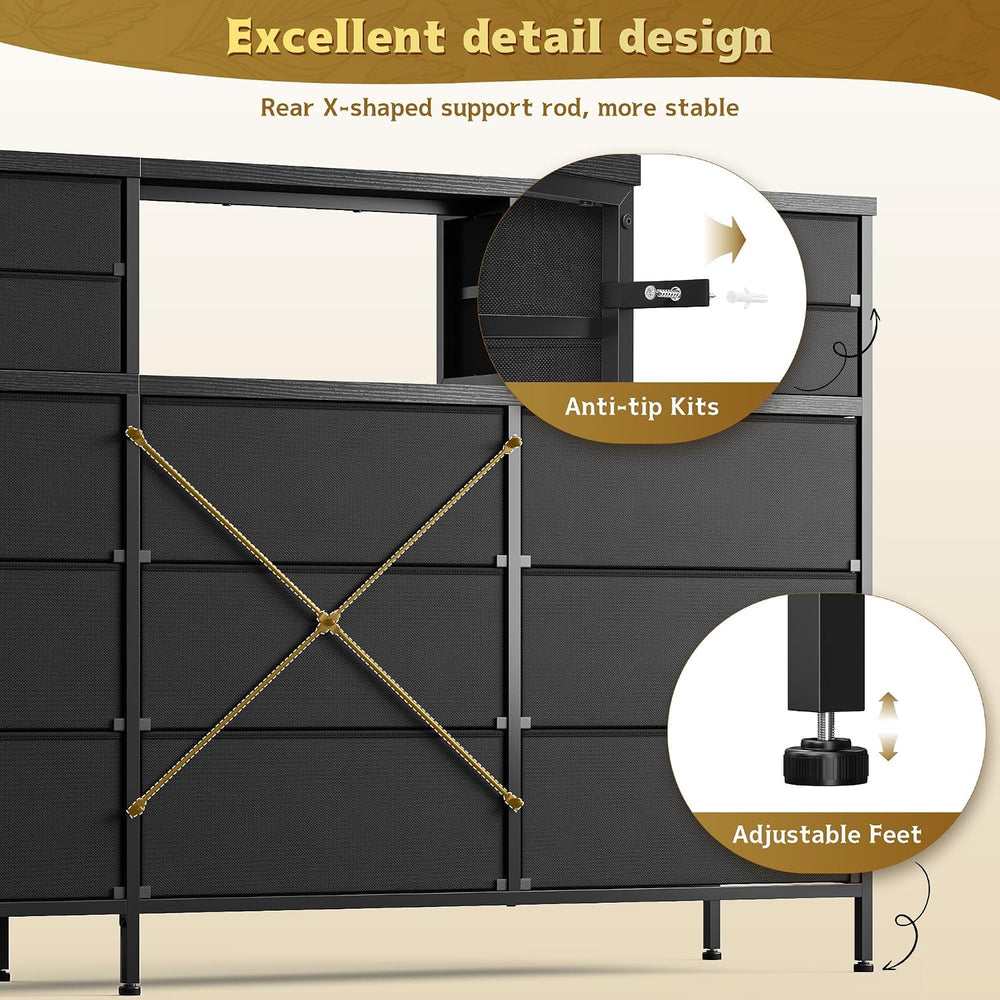 Homkdom Black Dresser for Bedroom with 9 Fabric Drawers & Display Top Shelf
