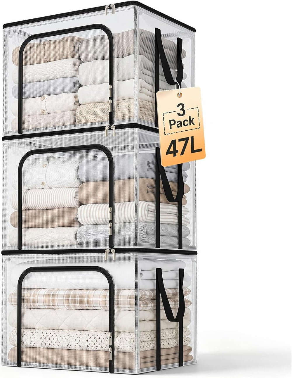 Clear Clothes Storage Bins with Metal Frame, Foldable Storage Boxes，3 Pack