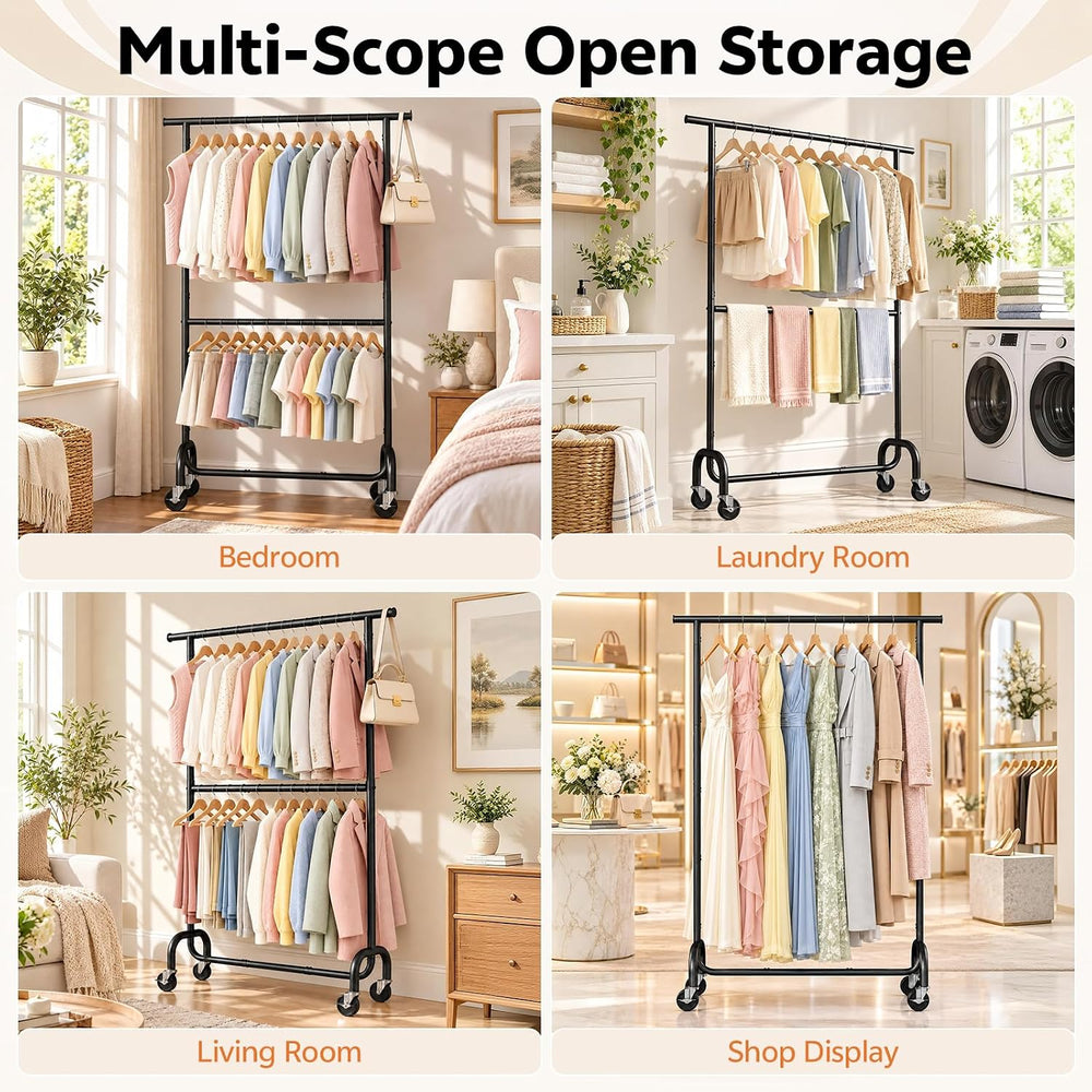 Heavy Duty Clothes Rack - Rolling Clothing Rack for Bedroom - Black