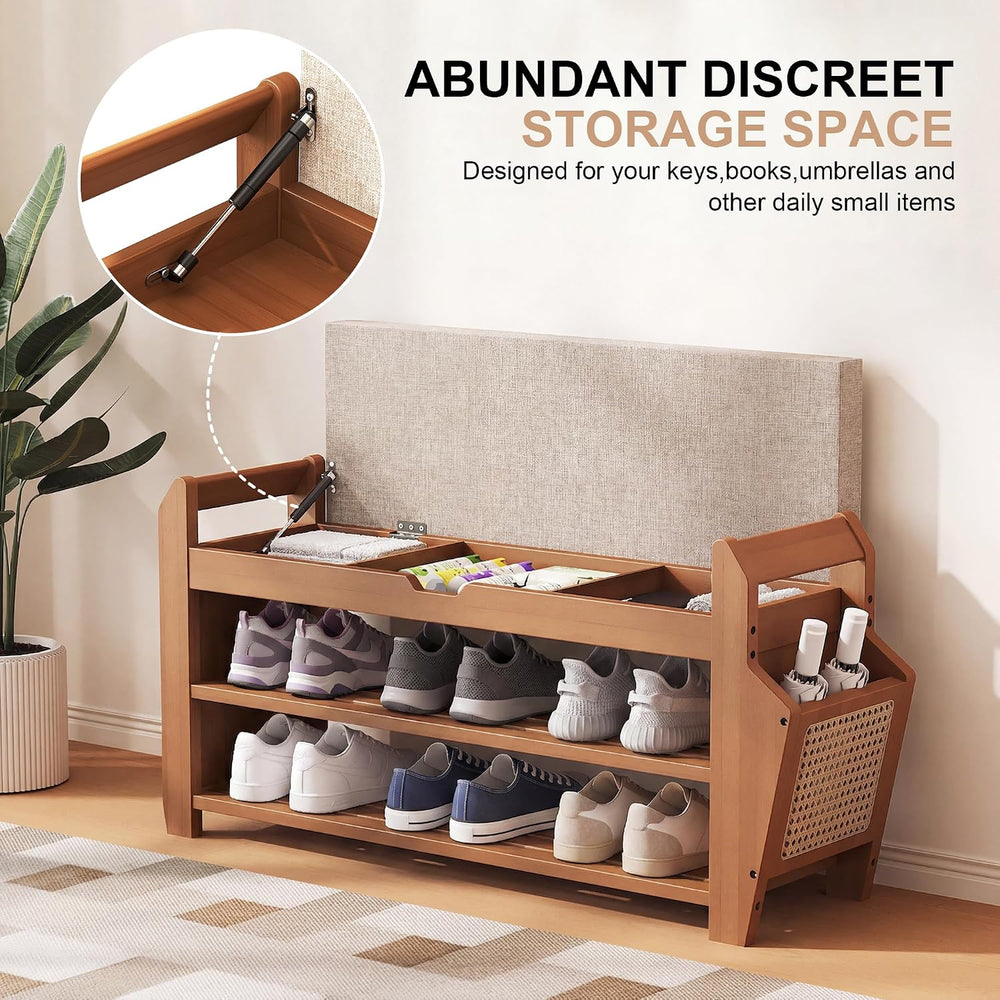 PETKABOO 31.5" Bamboo Shoe Rack Bench with Coat Rack, 3-Tier Entryway Be...