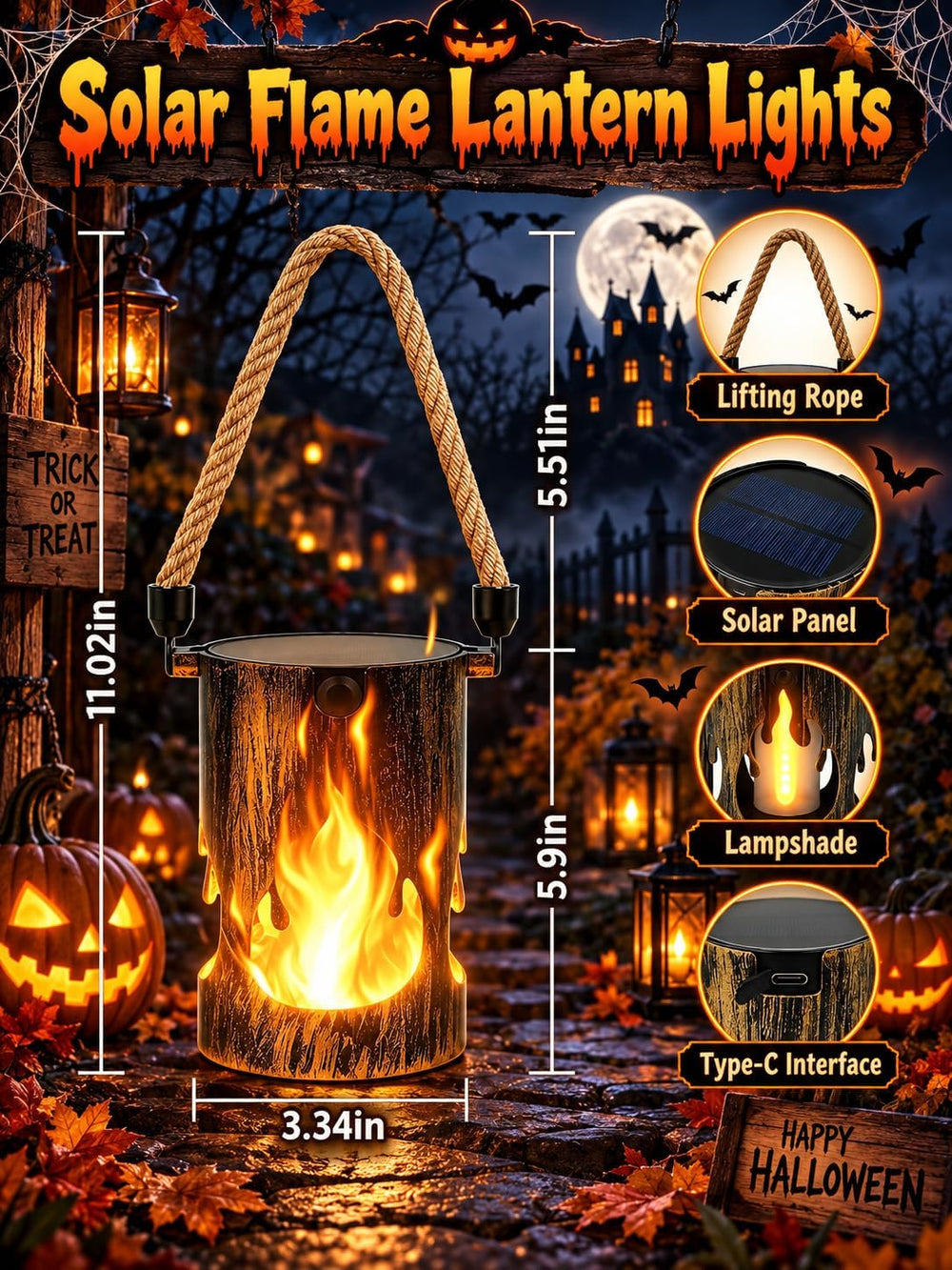 6 Pack Solar Halloween Lanterns Outdoor with Flickering Flame