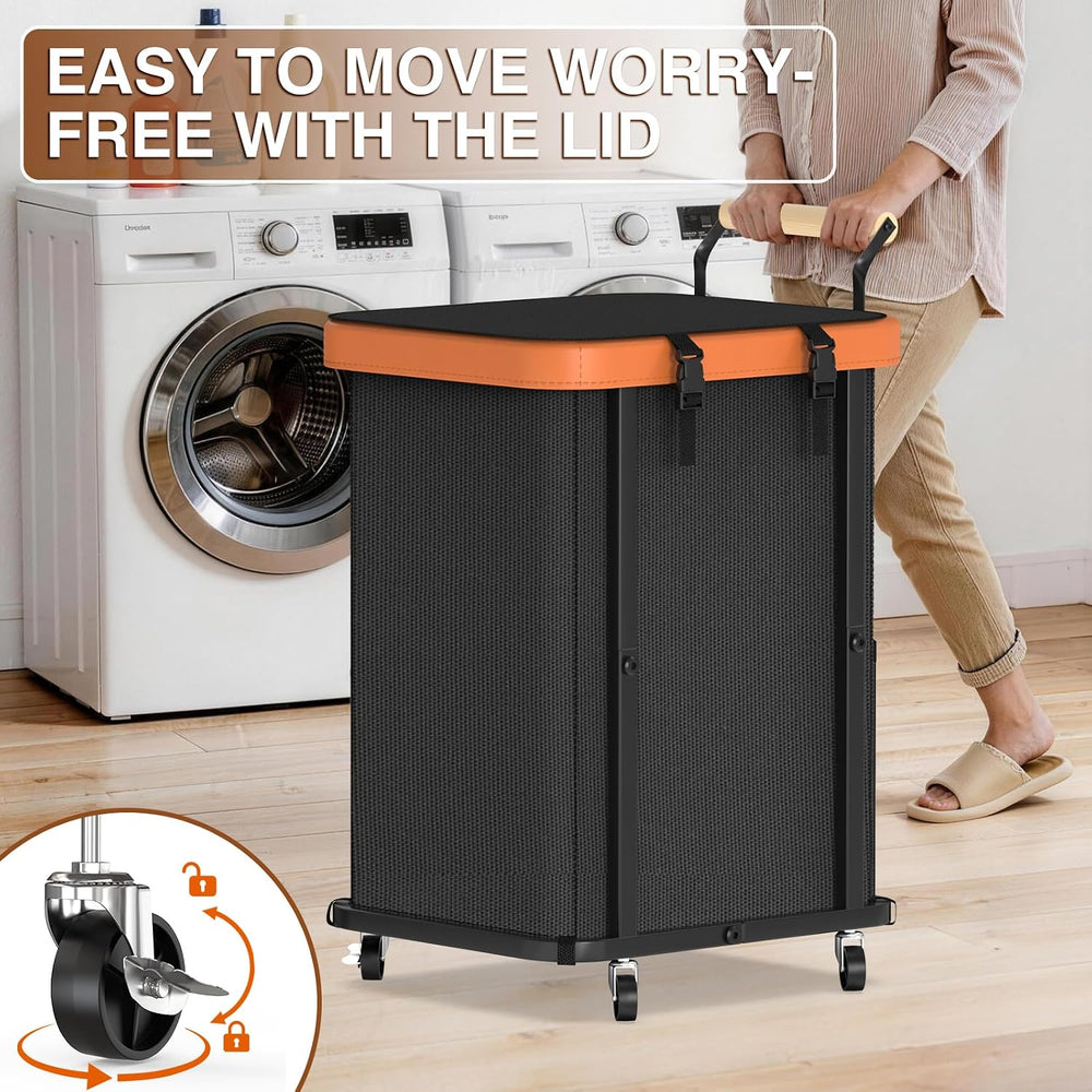 Laundry Hamper with Lid,Leather Patchwork Laundry Basket with Wheels 40Gal