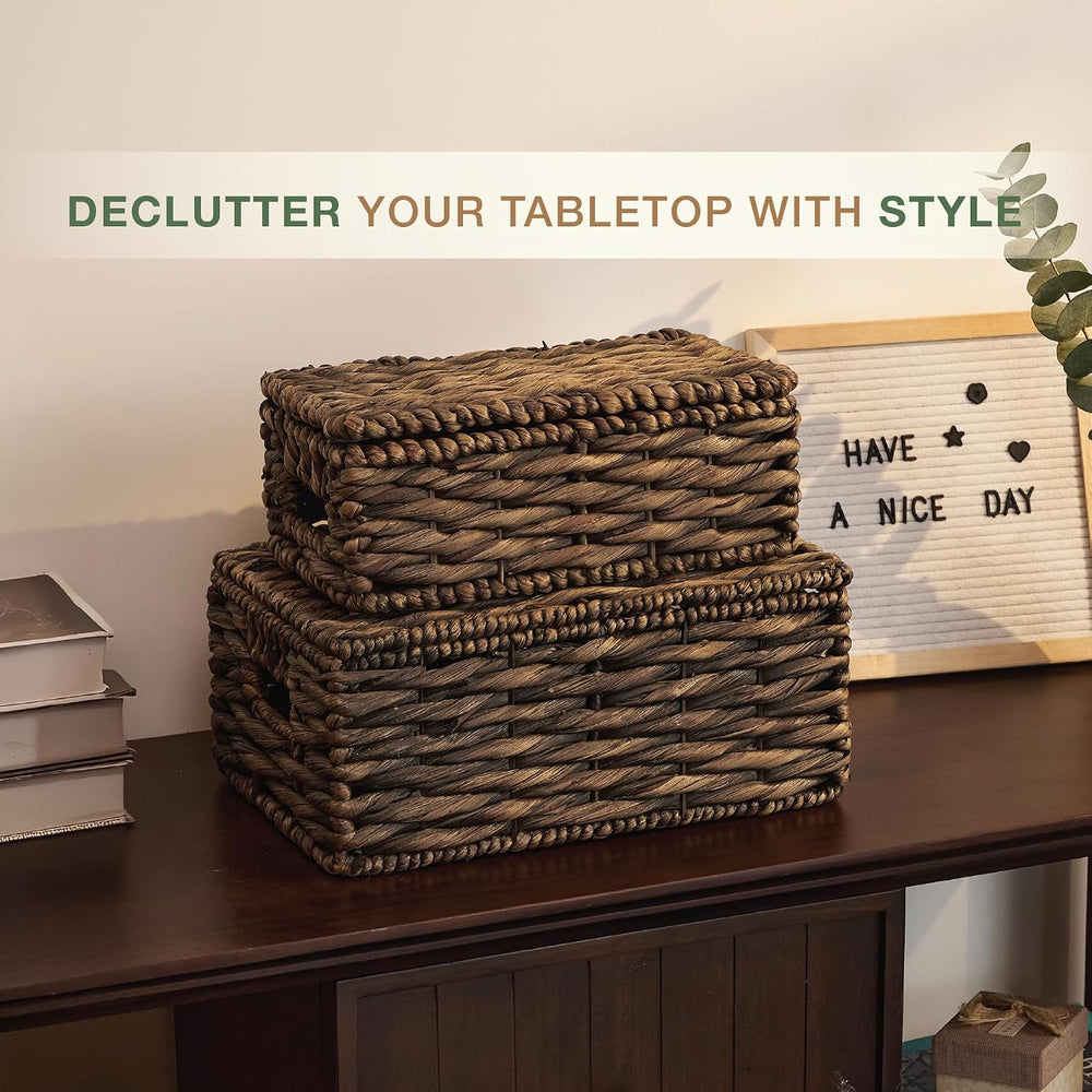 Set of 2 Black Wicker Baskets with Lid