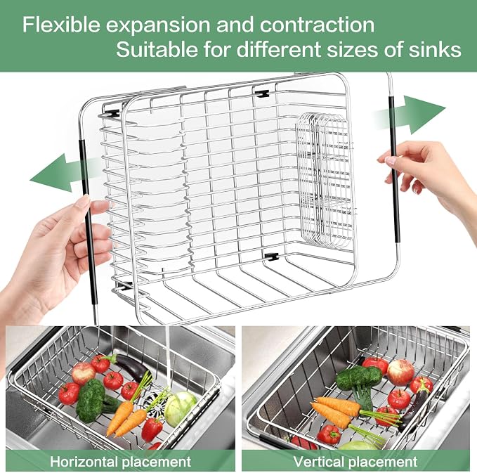 Large Sink Dish Drying Rack, Expandable 304 Stainless Steel Metal Dish Drainer