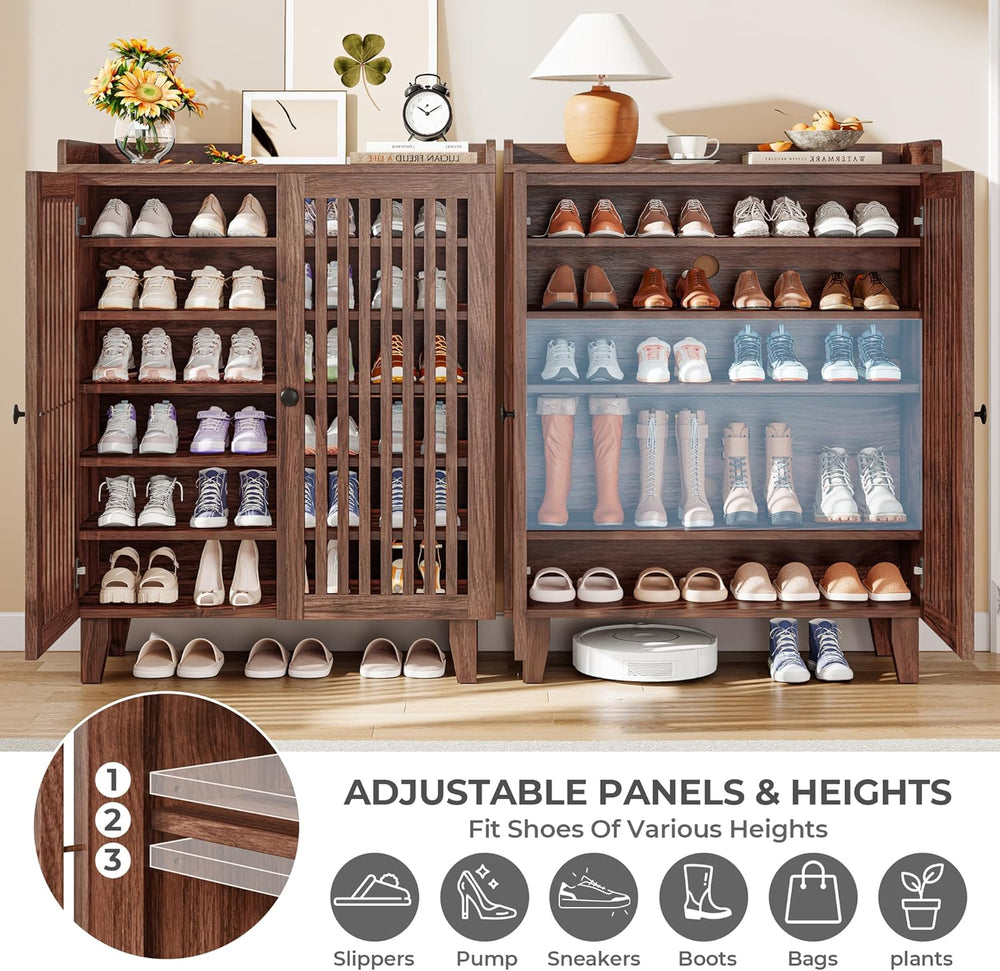 IRONCK Shoe Cabinet with Slatted Doors, 6-Tier Shoe Storage Cabinet, Walnut