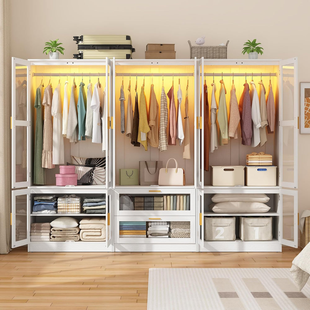 6 Doors Armoire Wardrobe Closet with LED and Mirror,71" H Freestanding W...