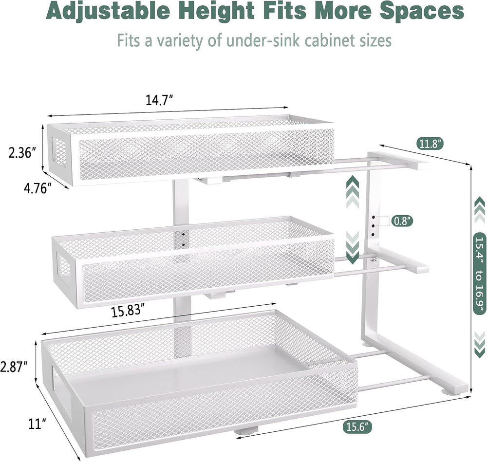 Under Sink Organizer, 3-Tier Height Adjustable Pull Out Cabinet Organizer