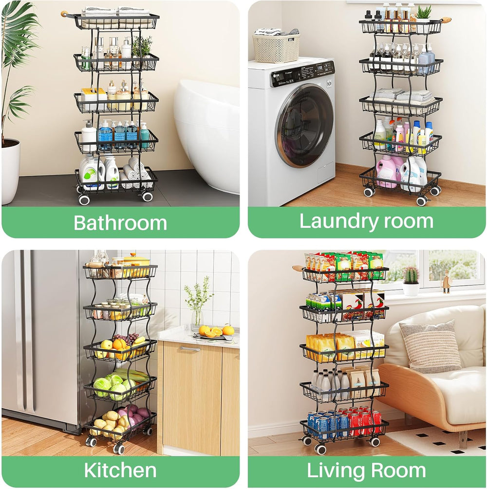 SAYZH 5-Tier Fruit Basket Stand with Vegetable Baskets for Kitchen, Black