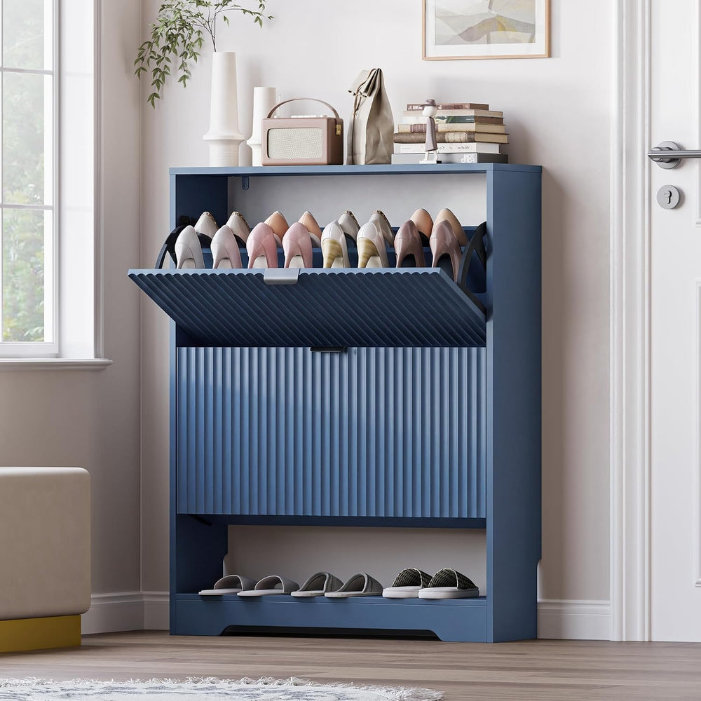BORNOON Shoe Cabinet with 2 Flip Drawers, Fluted Shoe Storage Cabinet with Ad...